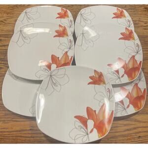 SET OF 7 Tabletops Gallery LILY Square Dinner Plates 10” Red Flower Minimalst EX